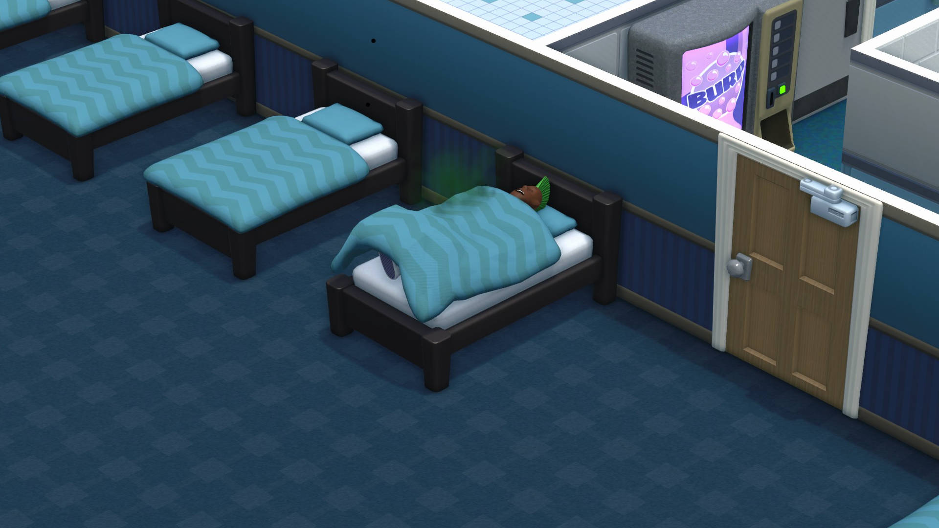 Two Point Campus: a rather smelly student is sleeping in a bed.