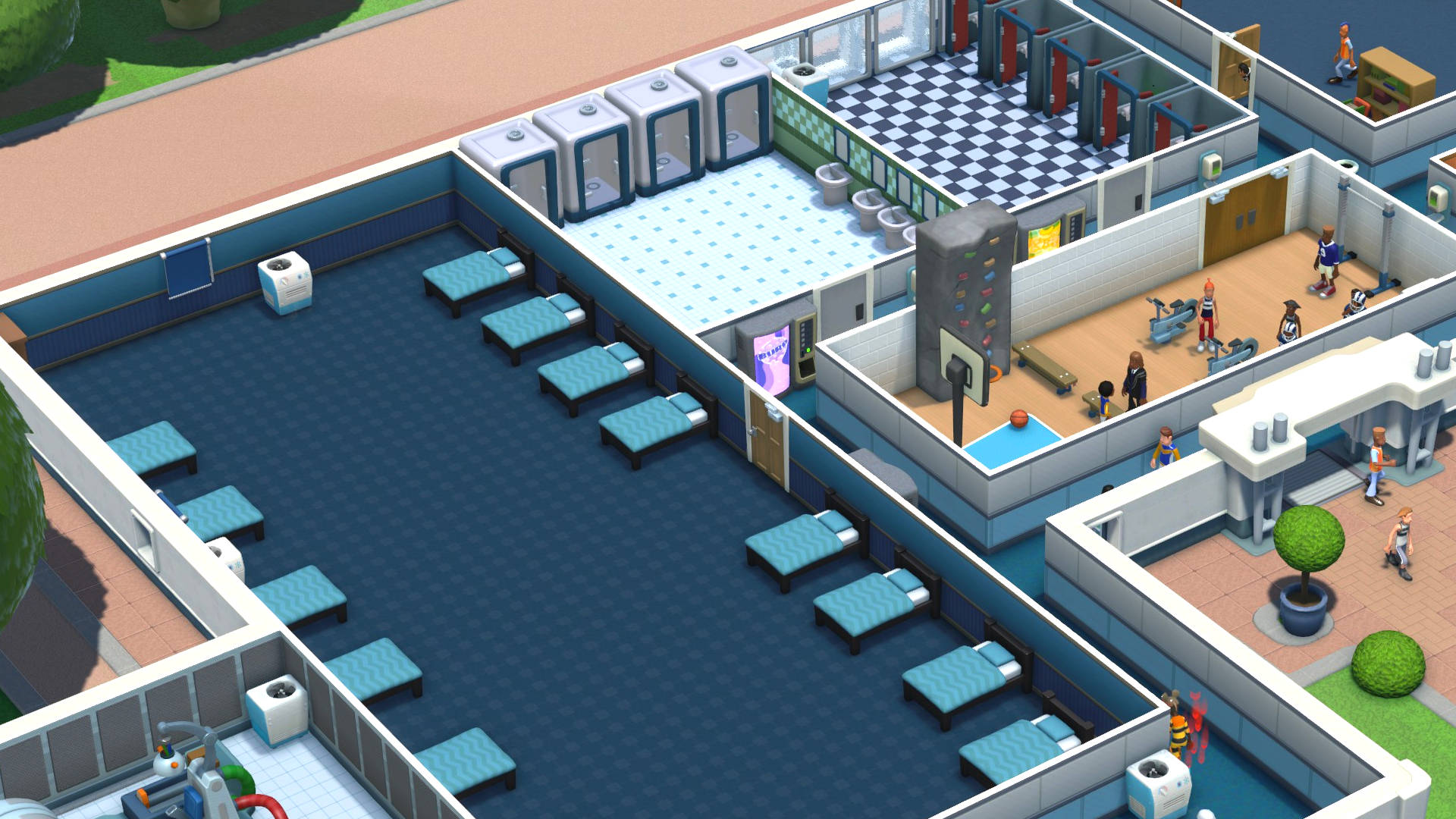 Two Point Campus guide: a massive dormitory, reasonably sized shower room, and a five-stall big bathroom.