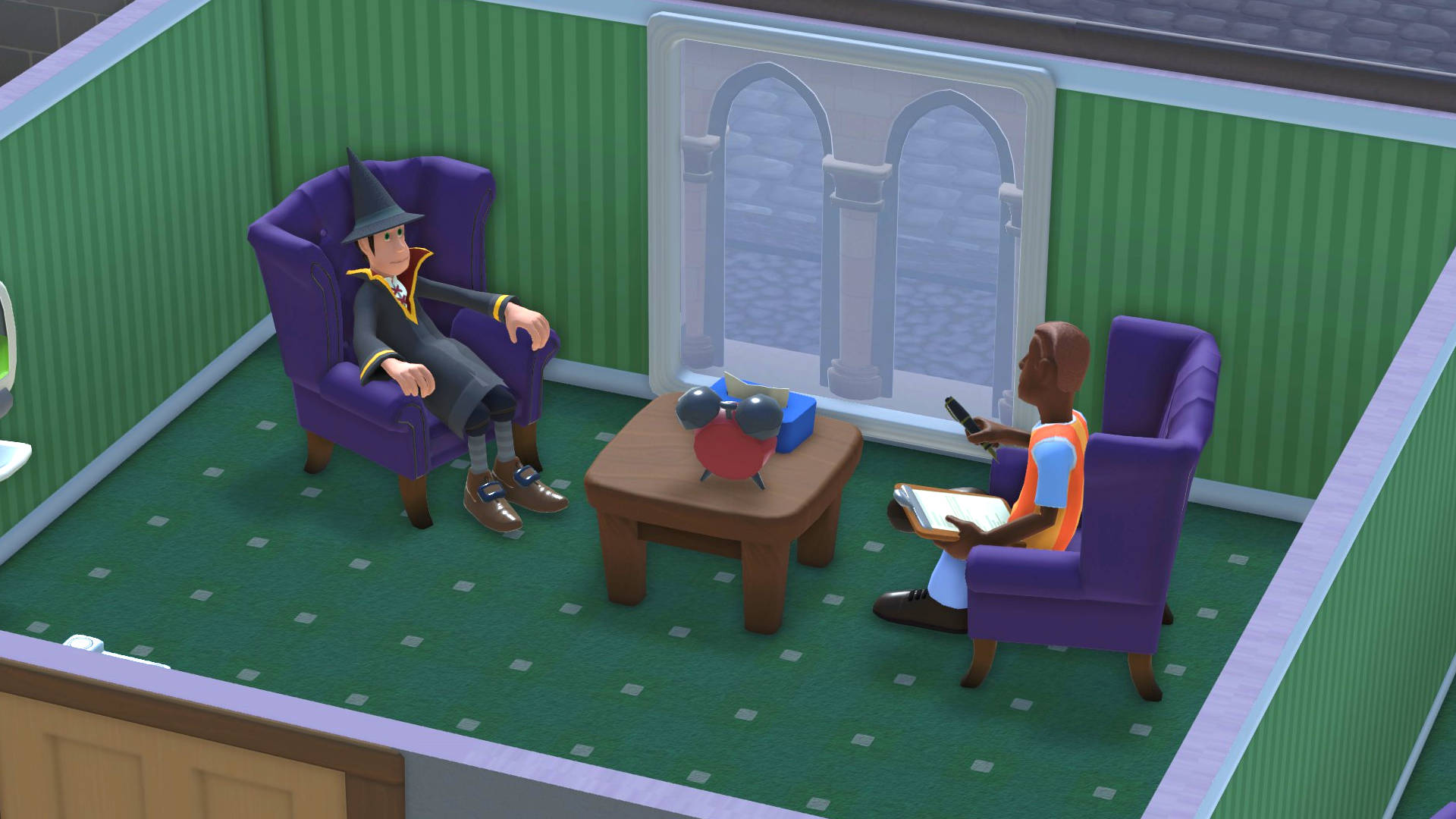 Two Point Campus happiness: a wizard is getting some counselling from an assistant inside the Pastoral Support room. 