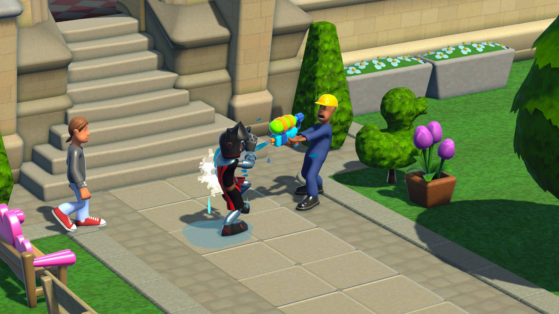 Two Point Campus: a janitor is spraying a knight with a water pistol outside of a university building. There is a duck-shaped topiary and several flowers blooming.