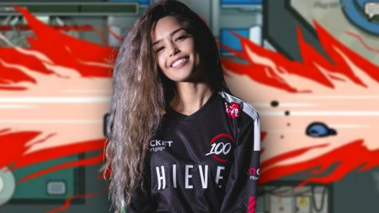 youtube streamer valkyrae in 100 thieves jersey with among u background 500 hours