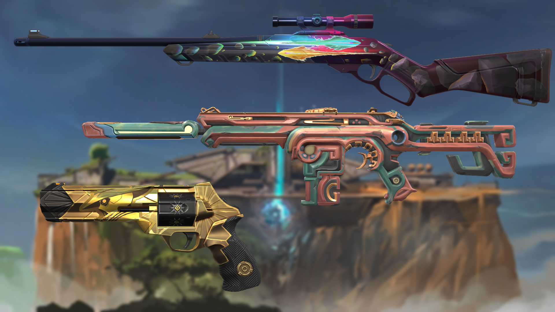 Valorant battle pass for Episode 5 Act 2: Skins, cards and gun buddies: This image shows some of the skins available in the Valorant battle pass for Episode 5 Act 2