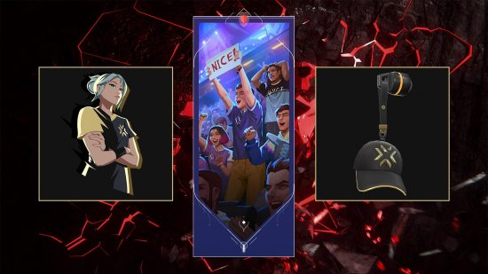 Valorant Champions Event Phantom knife skin event battle pass: VCT event pass rewards showing Jett spray, a player card, and a dad hat gun buddy