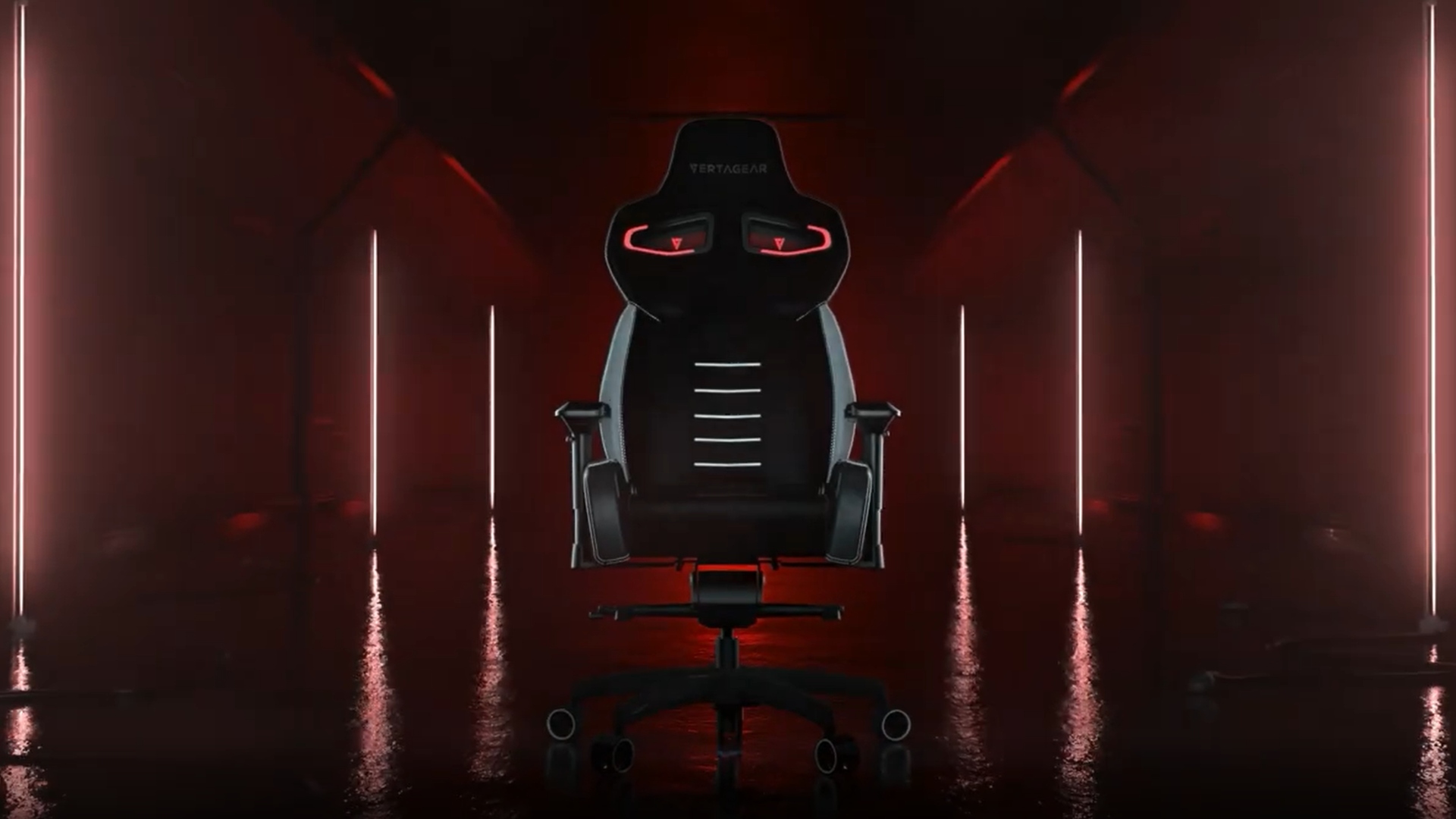 Vertagear gaming chair sitting in a dark, wet, tunnel.