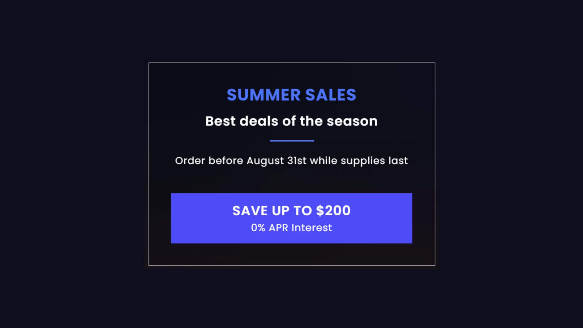 Gaming chair sale image from Vertagear. Text reads "Summer Sales. Best deals of the season" then a line break, then "Order befoer August 31st while supplies last." then in a button, it says "Save up to $200 0% APR Interest" 