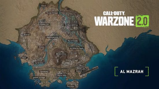 Warzone 2 map: the full Al Mazrah map, complete with pins showing the locations of every point of interest