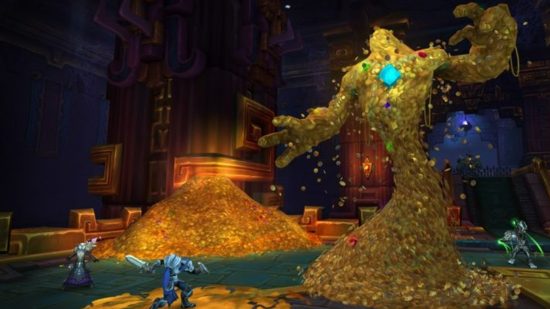 world of warcraft wow boosting gold carrying services ban hammer: monster made of gold attacks two characters in large vault