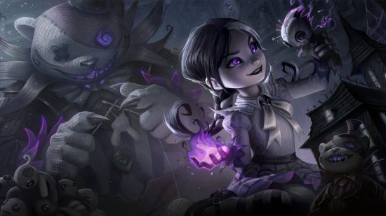 League of Legends skin preview: Fright Night: A young girl dressed in victorian clothing pushes pins into a doll's eyes