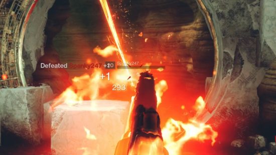 The best Destiny 2 Hunter builds for PvP and PvE in Arc 3.0: Golden Gun Hunter fully shows the character engulfed in flames.