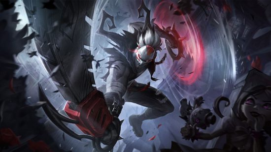 League of Legends: Night of Fright skin preview: a maniac in a hockey mask and with a chainsaw in his hands rushes to the screen