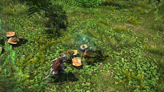 FFXIV Island Sanctuary gathering: a player gathering some materials from a grassy floor