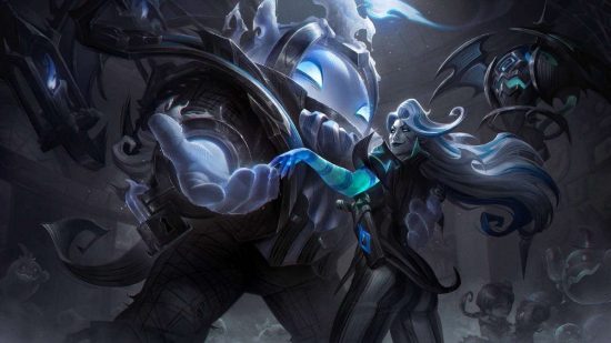 League of Legends skin preview: Fright Night: a huge, bulbour monster dances with a woman in a pinstripe suit