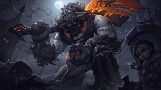 League of Legends: Fright Night Skin Preview: A large furry creature kneels holding a huge club in one hand