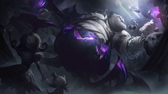 League of Legends skin preview: Fright Night: a giant crab-like monstrosity peers around a corner