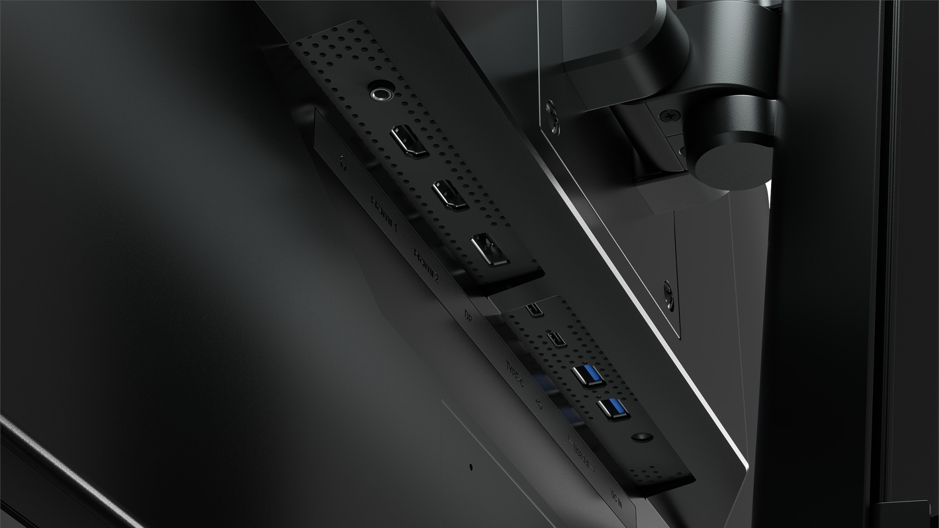 The underside of the Corsair Xeneon 32UHD144, showcasing its connectivity options and ports
