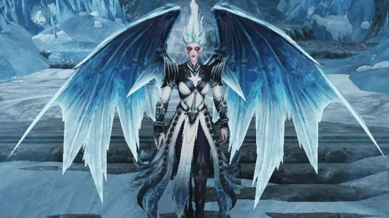Diablo Immortal update leak hints at Helliquary boss, Frozen Heart: Demonic woman with blue fiery hair and icy blue bat wings stands looking at camera wearing a white dress that is shredded at the bottom