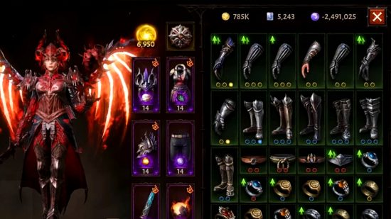 Diablo Immortal - screenshot of a player inventory displaying a negative orb balance of -2,491,025