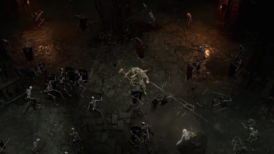 Diablo 4 Druid class: the Druid in=game surrounded by skeletons