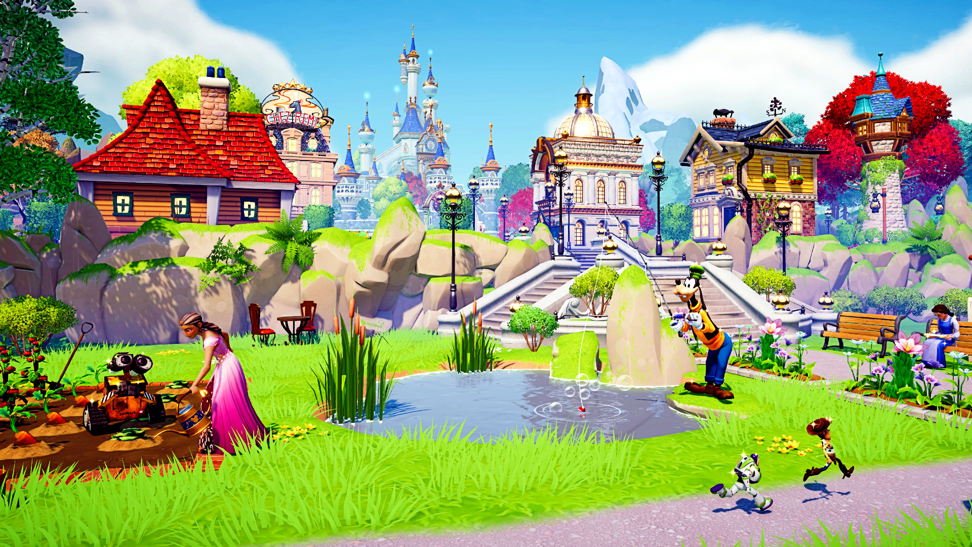 Disney Dreamlight Valley - a colourful Disney kingdom featuring several Disney characters going about their business