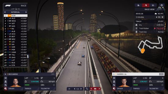 F1 Manager 2022 review: Lando Norris leading the race on a night circuit