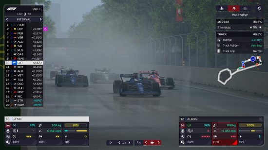 F1 Manager 2022 review: Nicholas Latifi leading a pack of cars around a rainy Baku