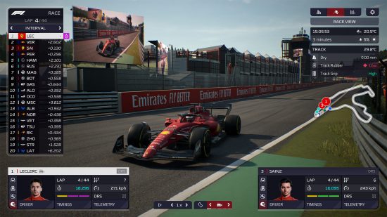 F1 Manager 2022 review: Cinematic camera view of Charles Leclerc leading the race