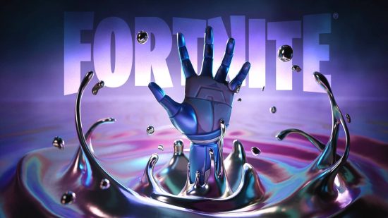 Fortnite Chapter 3 Season 4 release date: Paradigm's hand emerging from oily liquid with the Fortnite logo behind it.