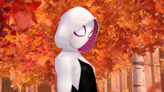Fortnite Chapter 3 Season 4 release date: Spider-Gwen is wearing a white hoodie over her mask. She is standing in front of a tree in Autumn.