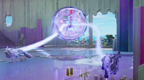 Fortnite Herald: the Herald is covered in a protective shield as she summons two chrome wolves to her side.
