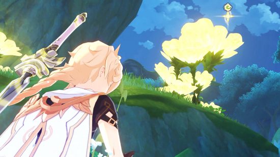 Rhythm на Genshin Impact разкрива Beastly Trail: Аватарът на Дендро Елемент, гледащ сигил с четири листа в небето, близо до гигантско жълто цвете върху скала