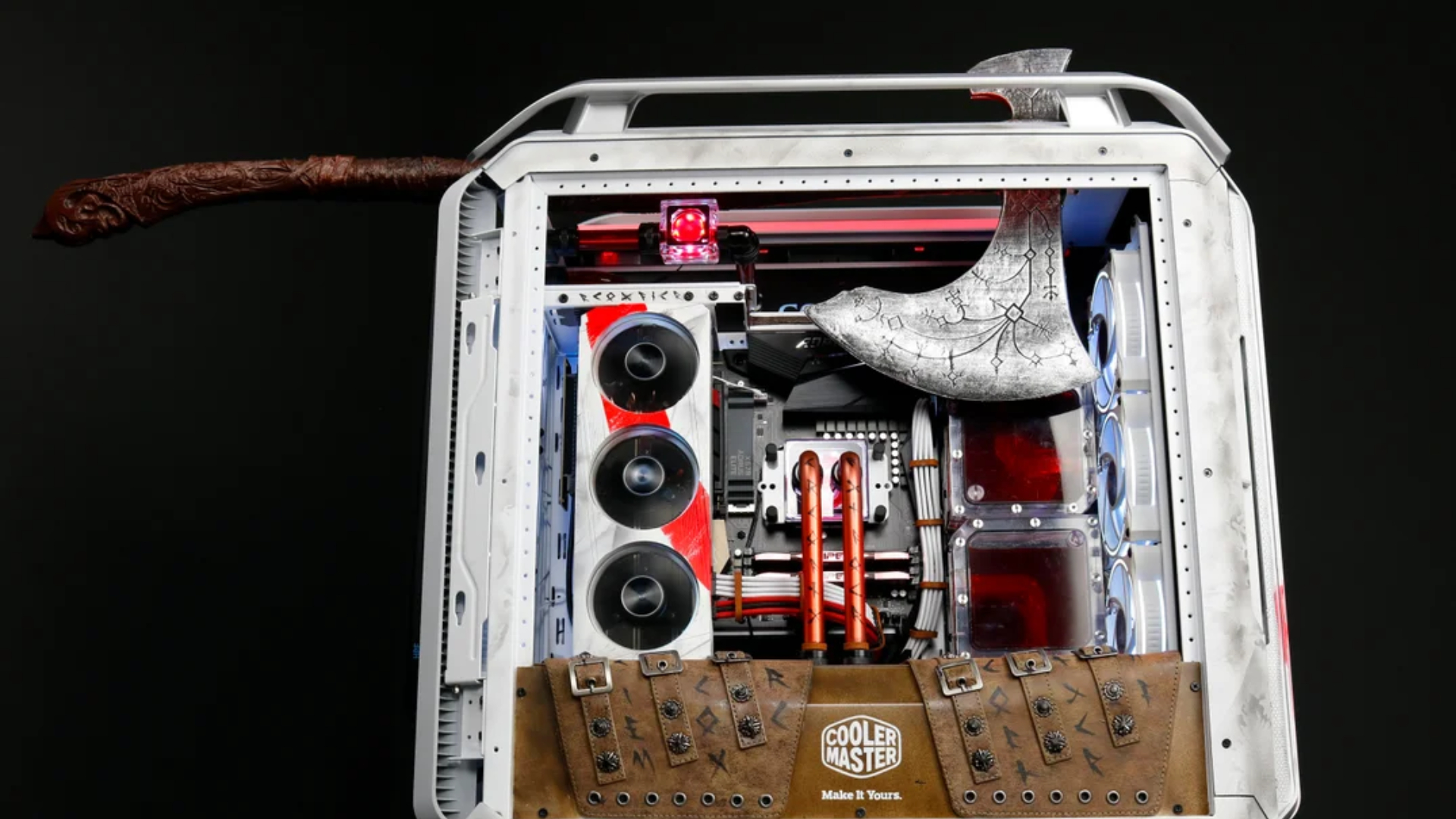 Side view of custom God of War gaming PC with axe on top