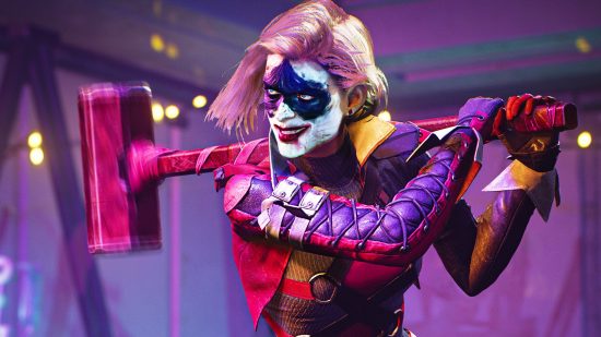 Harley Quinn in Gotham Knights isn't a "manic pixie": Woman with blond, short hair wearing black facepaint with a triangular smear across the eyes wielding a huge hammer