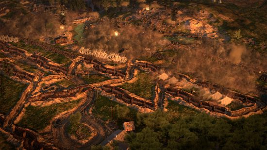 The Great War: Western Front preview: A complex of trenches seen from above as infantry prepares to assault from the north.
