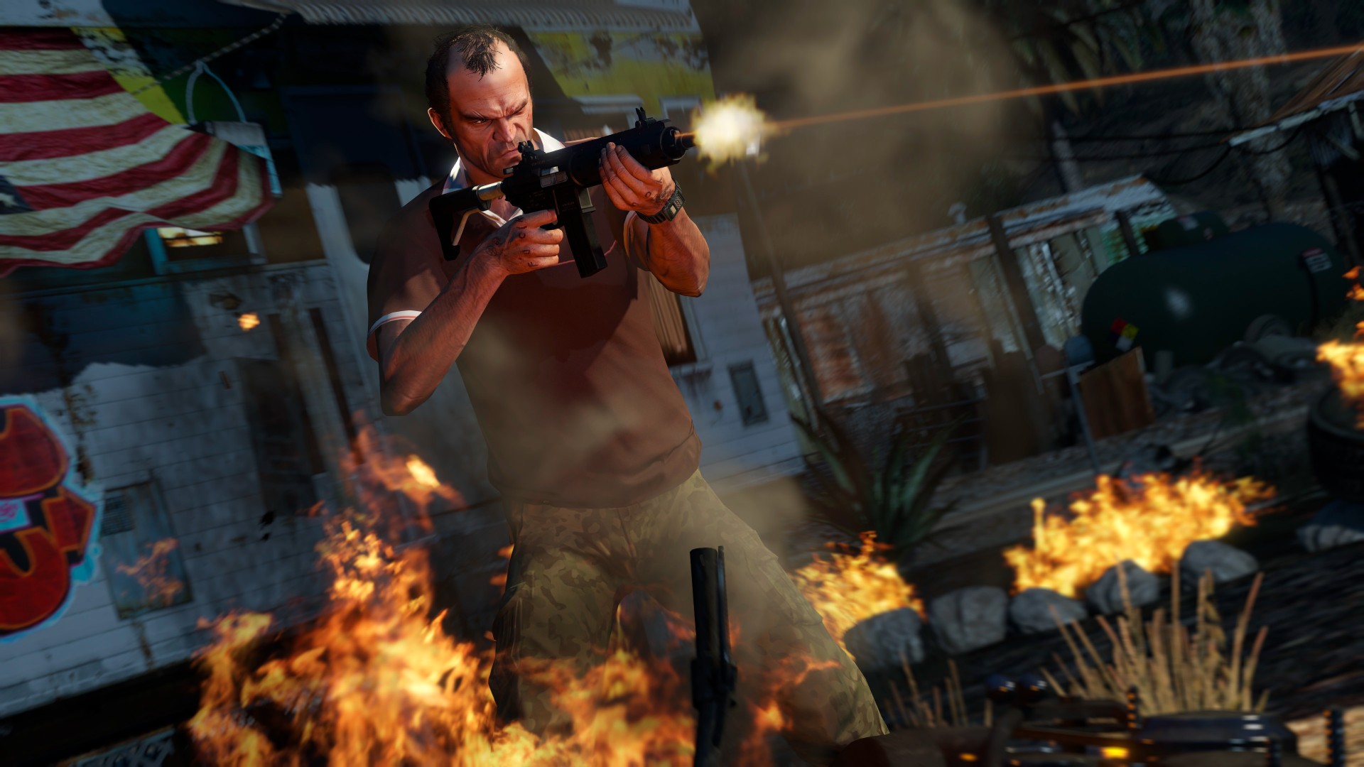 GTA 6 should feel like GTA 4 and Red Dead Redemption 2, not GTA 5: GTA 5's Trevor is on fire and firing his machine gun