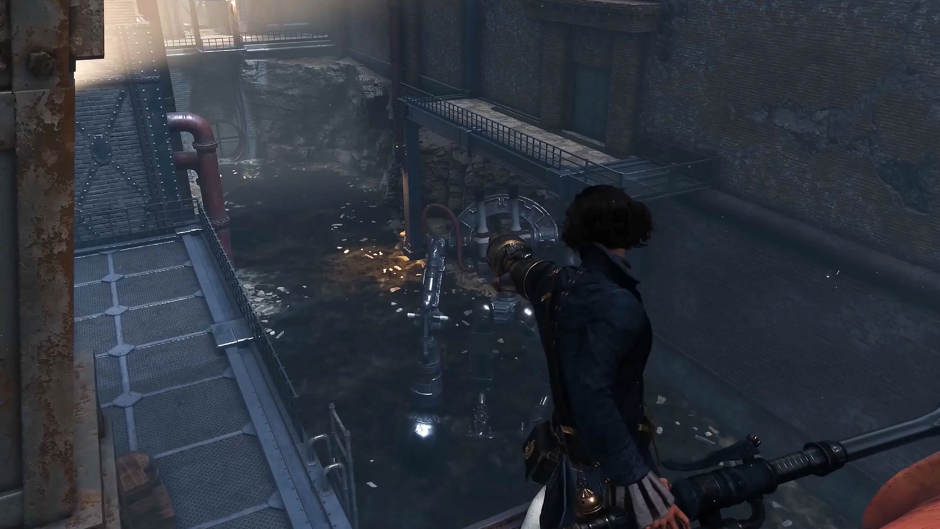 Lies of P's Bloodborne comparison: Pinocchio aiming a wrist-mounted pistol at a large mechanical soldier