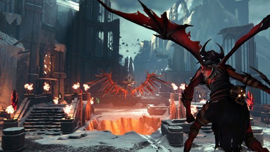 Metal Hellsinger mods will let you add your own music: Demon with black wings draws her sword against totem-like bony enemy in icy setting