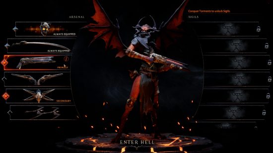Metal Hellsinger review: the loadout screen where players pick weapons and sigils