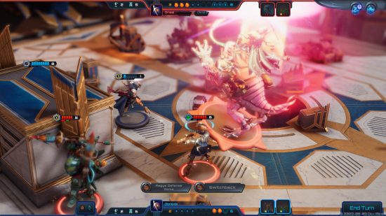Moonbreaker turns classic tabletop games into virtual turn-based chaos: Different character on a grid-like map attacking an enemy