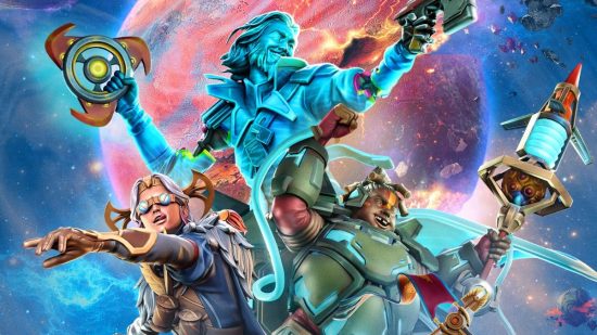 Moonbreaker turns classic tabletop games into virtual turn-based chaos: Three characters stand together on a space background one man has two guns, a woman in steampunk goggles points to the distance, and a final man is in green armor