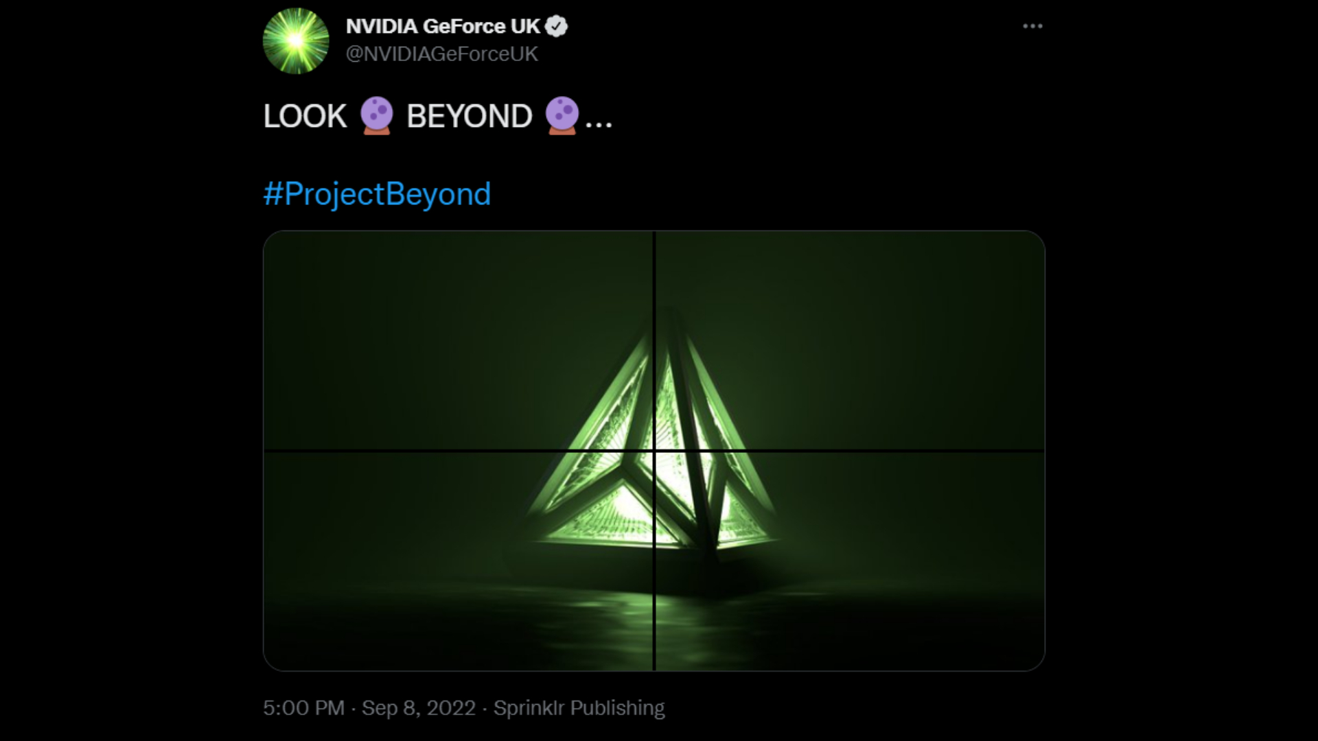 RTX 4000: Nvidia tweet with green pyramid that reads "look beyond"