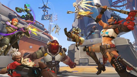 Overwatch 2 McDonalds discover could hint at tasty collab: Overwatch characters Lucio Moira Pharah Echo Winston Mercy Sojourn Junker Queen Zenyatta Mercy fighting one another on Watchpoint Gibraltar