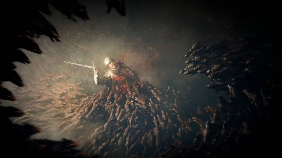 Plague Tale Requiem rats obey you, but they're terrifying: Knight in shining armor being eaten alive by lots of rats in a dark cave