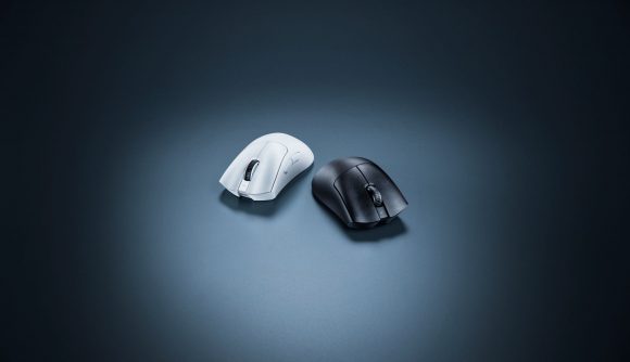 Two Razer Deathadder V3s, one in black and one in white, side-by-side