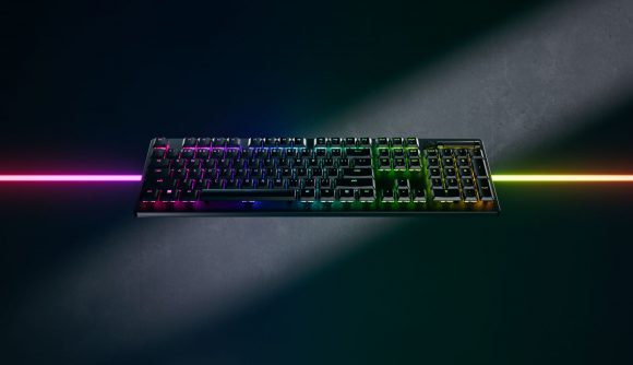 A Razer Deathstalker V2 Pro with a bright colourful line running behind it