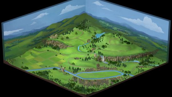 The Sims 4 art: A diorama map showing open fields, a windmill, and an old-fashioned town