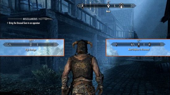 Skyrim 'Compass Navigation Overhaul' UI mod - an example screen with two additional compass examples overlaid on the top