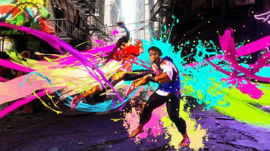 לוחם רחוב 6 בטא: קימברלי בועט בלוק בחזה כשצבע רב צבעי מתיז על המסך