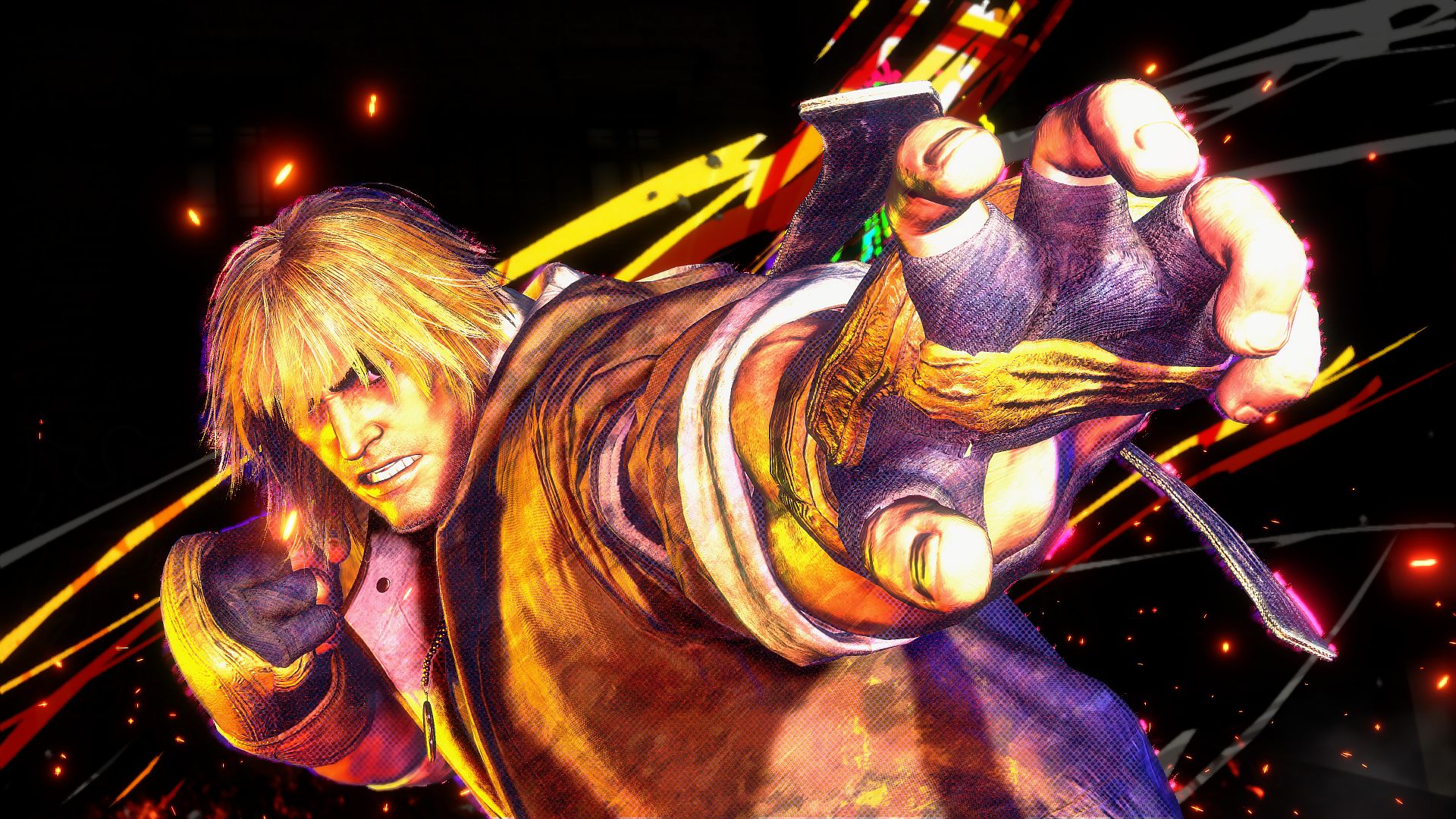 Street Fighter 6 Ken does a martial arts pose with one palm outstretched towards the camera, wearing black fingerless gloves and a brown coat, with a shock of blond hair over his eyes.