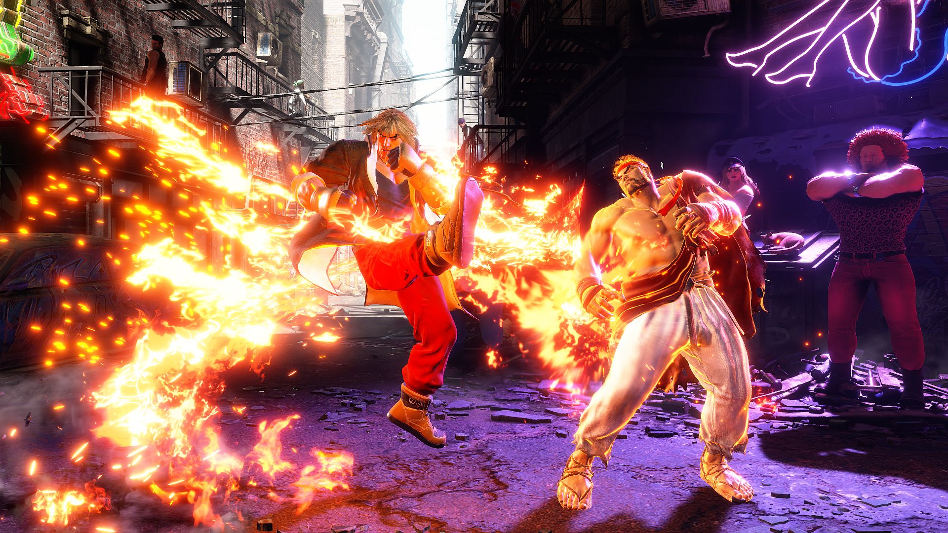 Street Fighter 6 Ken is in the midst of a fight with Ryu, his leg leaving a trail of fire as he delivers a spinning kick to Ryu's calf, causing him to flinch in pain.