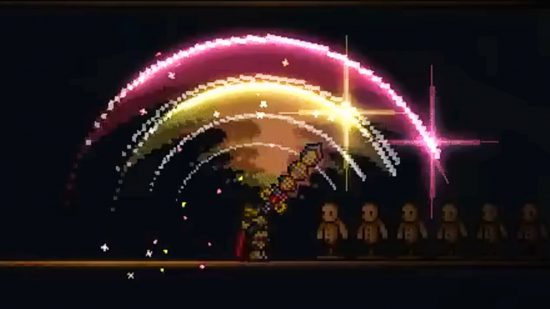 Terraria 1.4.4 Actualización: un personaje balancea a Excalibur, dejando un rastro de rosa y dorado detrás de ellos